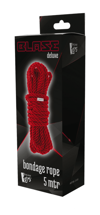 Blaze Deluxe Bondage Rope, perfekt för shibari-entusiaster, mäter 5 meter och har en abstrakt designbakgrund.