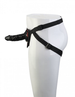 Sidovy av en skyltdocka överkropp som visar Blaze deluxe Strap on set, komplett med en svart sele och en bifogad dildo.