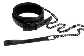 Snyggt Halsband Med Koppel - Blaze innehåller ett svart läderhalsband med ett dekorativt mönster och ett elegant koppelkoppel i metall med ett bekvämt handtag.