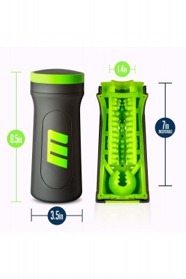 M For Men Stroker, i svart och grönt, har en ergonomisk design som är 8,5 tum lång och 3,5 tum bred; dess interiör mäter 7 tum lång med en 1,4-tums diameter, vilket erbjuder en unik sexleksak-upplevelse.