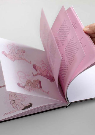 En hand bläddrar försiktigt igenom den 69 Kamasutra Sexställning Bok, och avslöjar rosa sidor illustrerade med olika Kamasutra-poser.