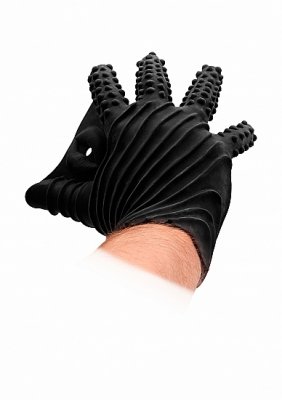 Masturbation Glove Handske är en texturerad svart handske som bärs på handen, med ribbade och prickade mönster på fingrarna.