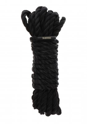 TabooM Bondage Rep - 5m är ett lindat svart rep med tvinnade trådar, fäst i mitten med ett metalllås.