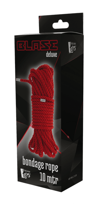 En elegant svart låda innehåller ett Blaze Deluxe Bondage Rep 10 M rep, perfekt för kinbaku-entusiaster.