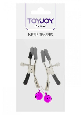 Två eleganta svarta och silver Bröstklämmor - ToyJoy, med lila klockor, vackert förpackade.
