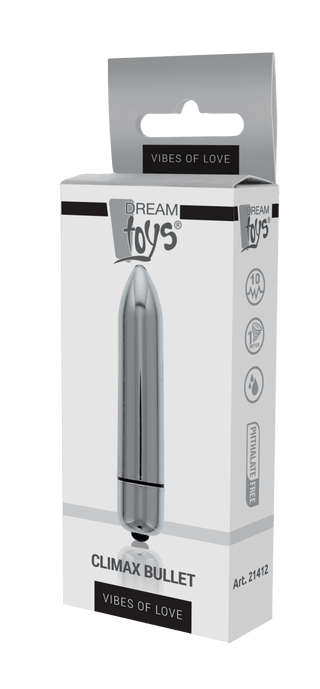 Climax Bulletvibrator från Dream Toys, elegant förpackad i en vit låda, erbjuder kraftfulla vibrationer. Denna eleganta silverkulvibrator är designad för att höja din njutningsupplevelse.