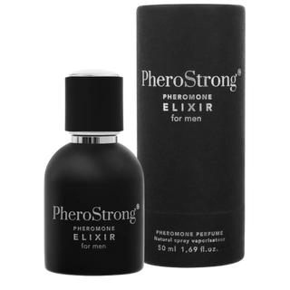Flaska i svart glas och matchande låda för Feromonparfym Elixir Man 50ml naturlig spray, minimalistisk design.