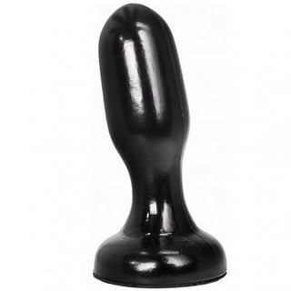 En svart, glänsande, rundad Buttplug Med Sugpropp - All Black 19 cm tillverkad av kroppssäker PVC med bred bas står mot vit bakgrund.
