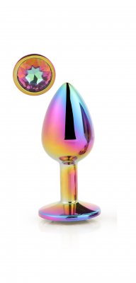 Multifärgad Buttplug Kristall - Liten är en elegant sexleksak i aluminium, med regnbågsfärger och en stjärnformad pärla i basen, som blandar stil och nöje för att fängsla och glädja.