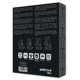 Svart förpackning för Analträning Ankar Buttplug 4-pack från Addicted Toys, med flerspråkig text, produktikoner och en subtil nick till analträning.