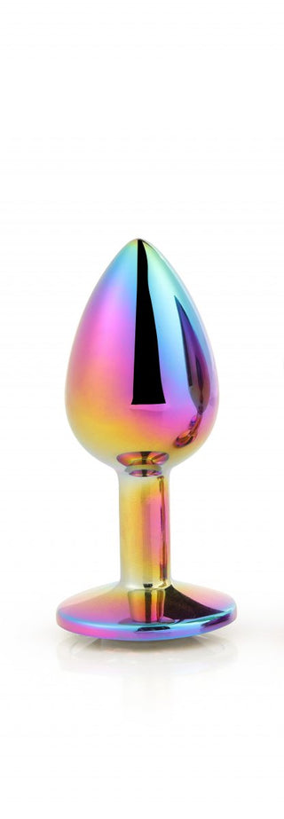 Multifärgad Buttplug Kristall - Liten visar upp en elegant, metallisk design med en slät, lökformad form och en platt bas, mot en orörd vit bakgrund.