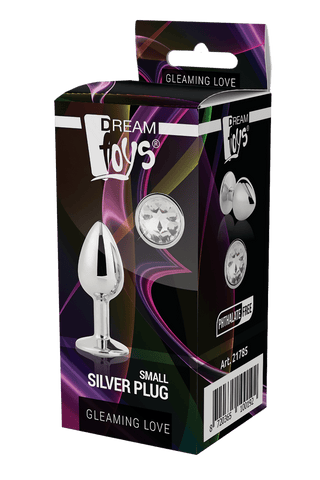 Gleaming Love Silver Plug S, en liten buttplug i metall med ergonomisk design och juvelförsedd bas, med en svart, lila och färgstark bakgrund.