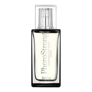50ml klarglasflaska med PheroStrong By Night Men, med transparent lock och silverfärgad pump.