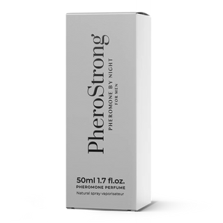 Vit rektangulär ask märkt PheroStrong By Night Men 50 ml, naturlig sprayparfym för män.