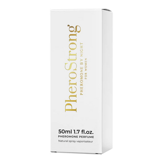 Vit kartongask för PheroStrong By Night Women 50 ml, med guld och svart text på ytan.