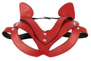 Katt Ögonmask - Bad Kitty är en röd lädermask med rävliknande öron och metalldubbar, perfekt för att lägga till intriger till rollspel eller förstärka scenarier för husdjurslek.