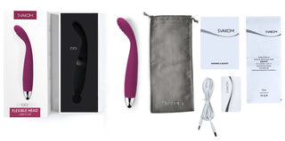 Svakom Cici har en diskret design med ett flexibelt lila huvud och inkluderar originalförpackning, en grå påse, laddningskabel och instruktionshäften.