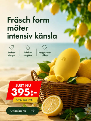 Lemon sugvibrator i gul silikon bland färska citroner med sommarkampanj – just nu 395 kr hos Taboo.