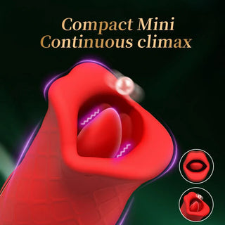 Klitorisstimulator i röd silikon i form av en ros med sugdesign och kompakt form; texten på bilden lyder Compact Mini Continuous climax.
