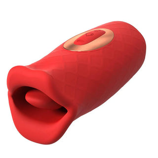 Klitorisstimulator i röd silikon med en munformad öppning och en kontrollknapp på ovansidan.