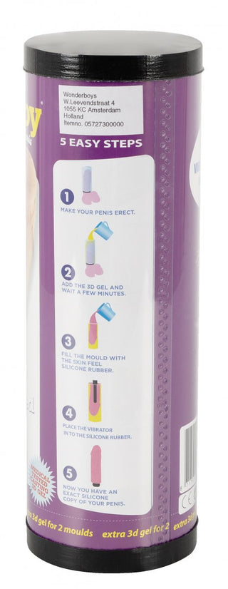 Lila cylindrisk förpackning med illustrationer för ett gör-det-själv-kit med Cloneboy Vibrator peniskloningsset erbjuder en unik upplevelse.