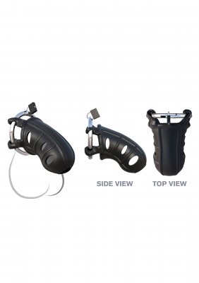 Tre vyer av en svart skyddande sportkopp: vinklad, sida och topp. Tillverkad med samma precision som Hardcore Silicone Cock-Cage, ger den säkerhet och komfort för dem som söker sensuell kontroll i atletiska aktiviteter.