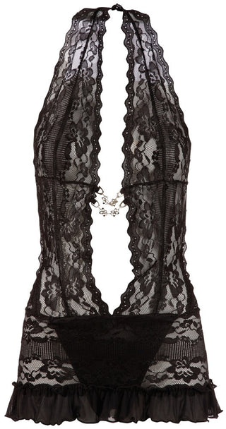 Cotelli Lace Dress är en svart grimma underkläder med en djup V-ringning, blommiga spetsmönster, skira spetsmaterial med bågade kanter och intrikat spetsdesign med en volangfåll för en lockande sensuell look.