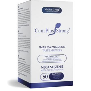 Cum Plus Strong 60 Kapslar låda, vit med blå accenter, visar produktnamn och detaljer; kartongförpackning.