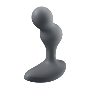 Satisfyer Deep Diver Plug är en abstrakt, slät, mörkgrå skulptur med organiska, flytande former på en rundad bas, som återspeglar den elegans som finns i vibrationslägen-design.