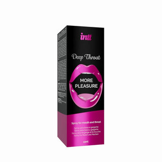 Intt Deep Throat Spray Mint 12 ml kommer i en elegant svart och rosa låda med glänsande läppar, som lovar mer njutning och oral avslappning med en antydan av mintsmak.