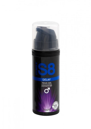 Den svarta och blåa 30 ml-flaskan med Delay Gel & Stimulerande Gel från S8 Kit-kollektionen kommer med ett genomskinligt lock. Tillverkad för att öka njutningen och förlänga prestanda, är denna stimulerande fördröjningsgel idealisk för längre njutning.