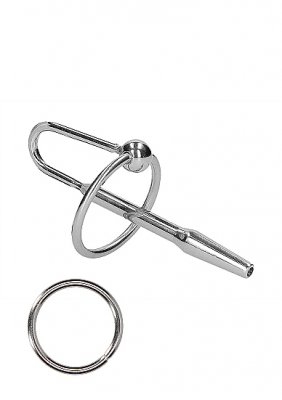 Metall Dilator Med Ring är en elegant kyskhetsbur i silver med två ringar, inställda mot en ren vit bakgrund, som visar upp sin dubbla funktion som både en snygg accessoar och en funktionell penisring.