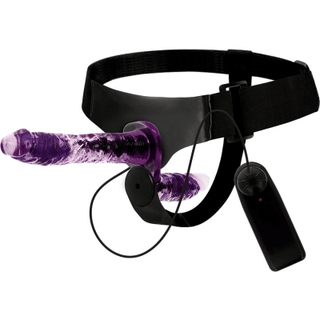 Purple Harness - Dubbel Strap-On Med Vibrationer med fjärrkontroll och justerbar svart sele.