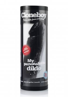 Svart Cloneboy Kit Dutch Design ger en spännande möjlighet att göra skräddarsydda silikondildokopior, elegant förpackade i en svart cylindrisk låda.