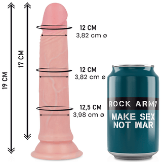 Silikon Dildo - Rockarmy 19 cm visas bredvid en läskburk med den djärva etiketten "MAKE SEX NOT WAR.