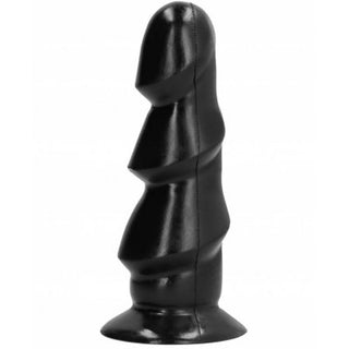 All Black 17 cm Sugproppsdildo visar upp en abstrakt, vriden design och en slät struktur, som sitter på en bred bas mot en vanlig vit bakgrund.