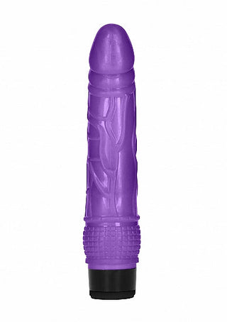 En lila, texturerad 8-tums Realistisk dildo med en rundad spets och räfflad bas står upprätt mot en vanlig vit bakgrund.