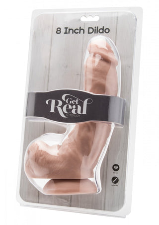 Möt vår 20 cm Dildo Med Sugpropp - Get Real, med en naturtrogen hudton och böjd design. Denna dildo är strap-on-kompatibel och erbjuder mångsidig njutning för alla användare.
