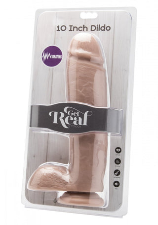 Förpackningen framhäver Get Real Dildo Med Vibrator 25,5 cm, designad för att ge en verklighetstrogen upplevelse med sin realistiska dildoform och vattentäta funktion för mångsidig användning överallt.