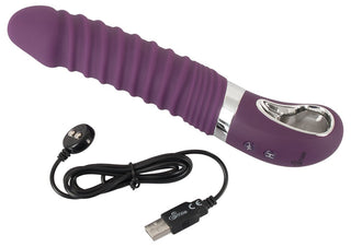 Vibrerande dildo med värmefunktion är en lila ribbad vibrator med kontrollknappar, silverkant och 12 vibrationsinställningar. Den innehåller en USB-laddningskabel och visas mot en vit bakgrund.