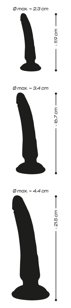 You2Toys Crystal Clear Dildo Set har tre siluettformade cylindriska dildos av ökande storlek, tydligt märkta med höjd- och maximala diametermått. De kommer med praktiska sugkoppsbaser för ökad stabilitet under användning.