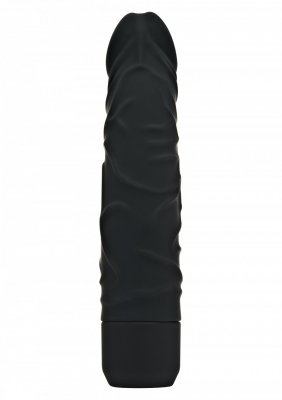 Ett svart, texturerat cylindriskt föremål med en rundad spets som liknar Get Real 20 cm Vibratordildo mot en vit bakgrund.