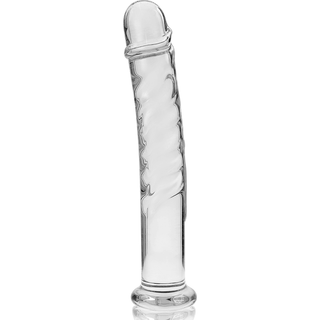 Från Nebula-serien visar denna genomskinliga borosilikatglas Glasdildo en utsvängd bas och står elegant på en orörd vit bakgrund.
