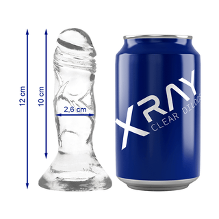X-Ray Clear Dildo - 12 cm, tillsammans med en blå burk för storleksjämförelse; den är 12 cm lång, 2,6 cm i diameter och latexfri för din sinnesfrid.