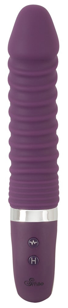 Vibrerande dildo med värmefunktion är en lila räfflad vibrator gjord av flytande silikon, med en silverring, två basknappar och ger 12 vibrationslägen på en elegant vit bakgrund.