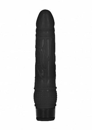 8 Inch Realistisk Dildo är en svart, texturerad vuxenleksak med cylindrisk form och rundad spets. Den har en graverad yta, tjockare bas och justerbar urtavla för inställningar mot en vanlig vit bakgrund.