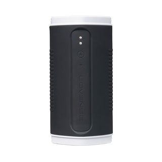 Lovense Calor, en elegant svart och vit cylinder, har knappar på framsidan och LED-indikatorer. Förbättra din upplevelse med sin uppvärmningsfunktion eller njut av djupt kontrollerade vibrationer för ultimat tillfredsställelse.