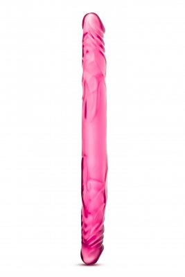Ett rosa, avlångt glasobjekt med virvelmönster, som liknar den eleganta designen av en B-Yous 14-tums Doubledildo, visas upprätt mot en vit bakgrund.