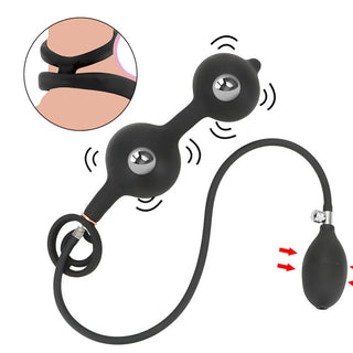 Svart uppblåsbar analplugg med vibrator och analkulor i silikon, visas med tillhörande diagram över produktens utformning.