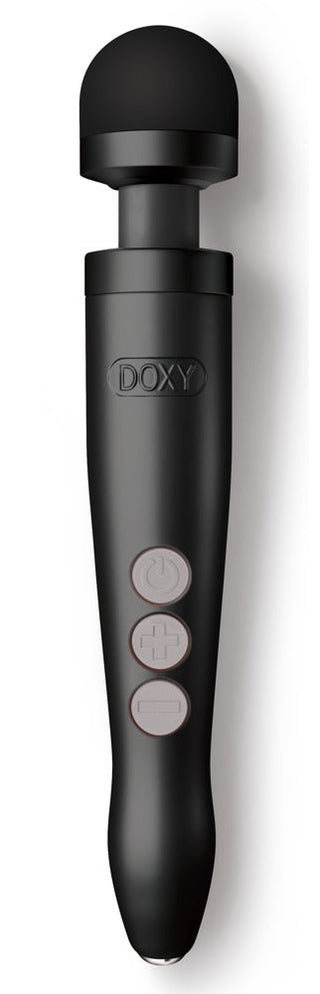 Den svarta Die Cast 3R Doxy Wand har ett rundat silikonhuvud och tre gråa knappar på handtaget.